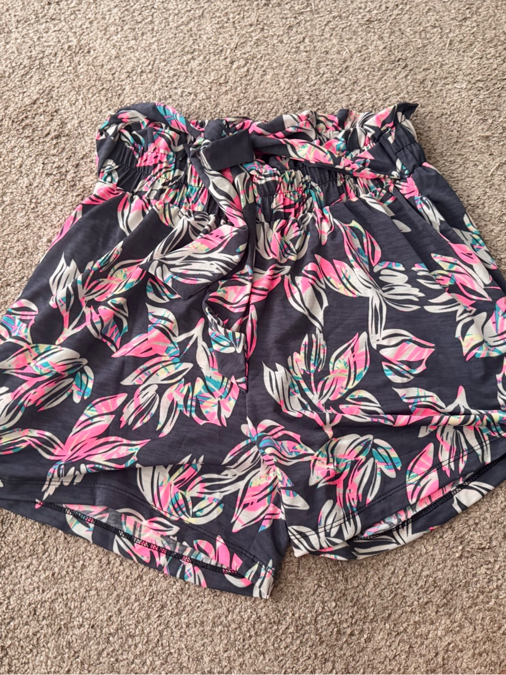 Women’s Floral Paperbag Waist Shorts - Pink Floral on Navy